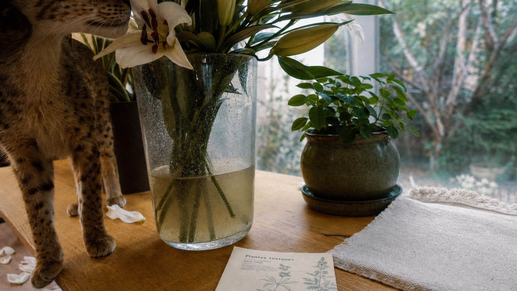 Fleurs toxiques pour les chats : lys et muguet près d’un chat