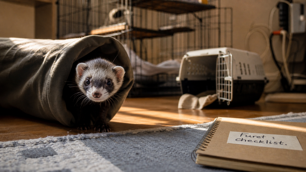 Furet domestique sortant de sa cache dans une cage sécurisée