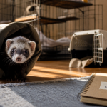 Furet domestique sortant de sa cache dans une cage sécurisée