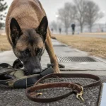 Malinois belge près d’un harnais, éducation chien de travail