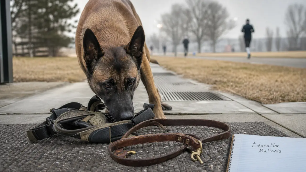 Malinois belge près d’un harnais, éducation chien de travail