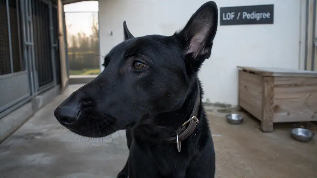 Malinois noir de profil, collier cuir sombre, chenil LOF en arrière-plan