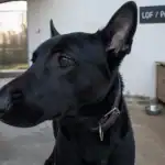 Malinois noir de profil, collier cuir sombre, chenil LOF en arrière-plan