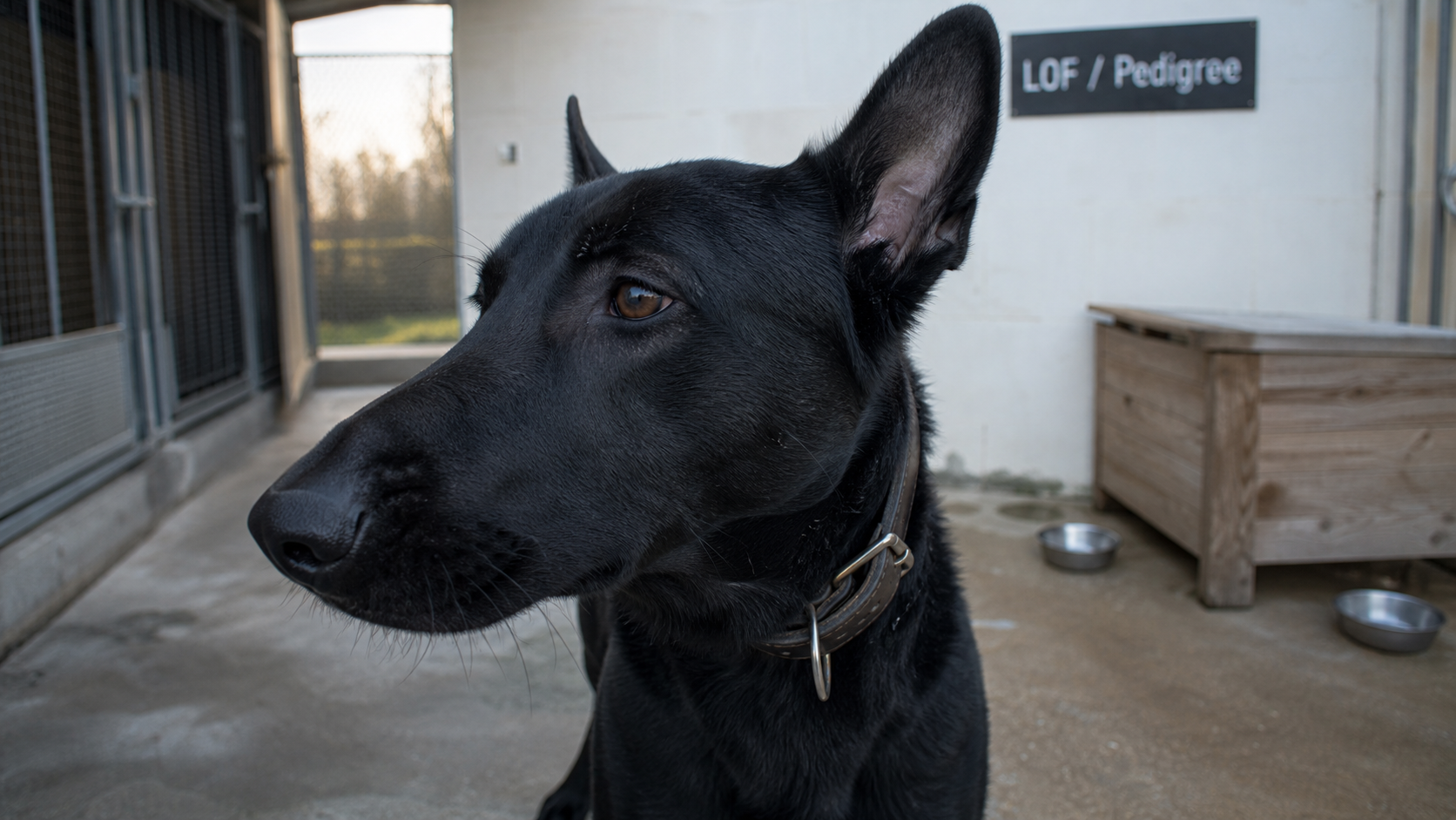 Malinois noir de profil, collier cuir sombre, chenil LOF en arrière-plan