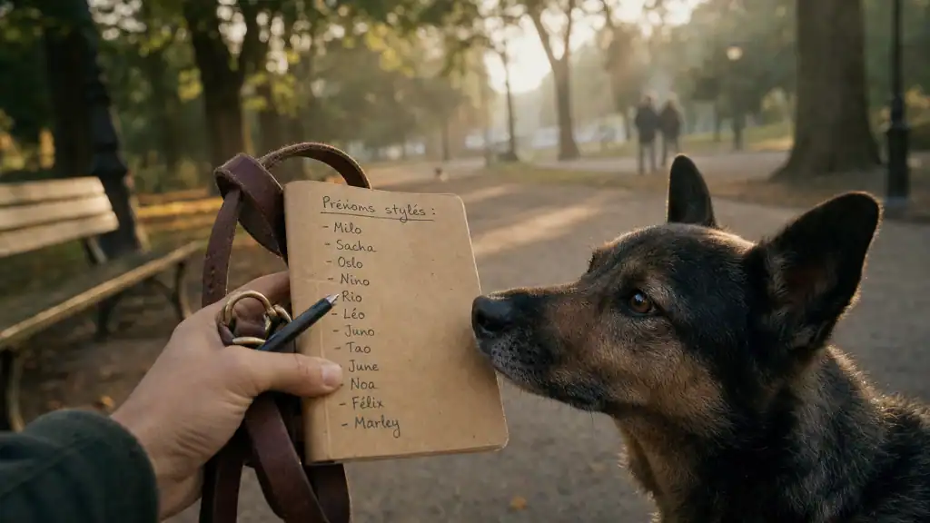 Nom de chien stylé : carnet de prénoms, chien et laisse au parc