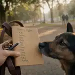 Nom de chien stylé : carnet de prénoms, chien et laisse au parc