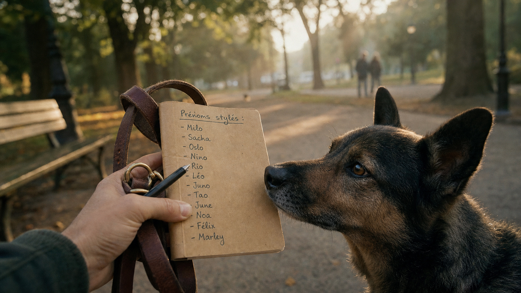 Nom de chien stylé : carnet de prénoms, chien et laisse au parc