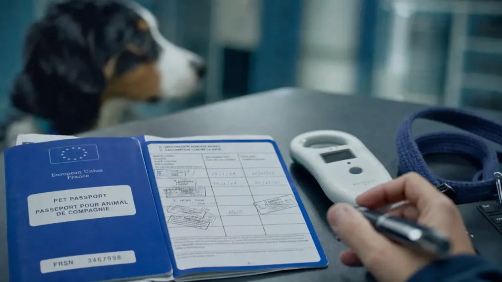 Passeport chien ouvert avec vaccins et micropuce, délai 21 jours avant départ