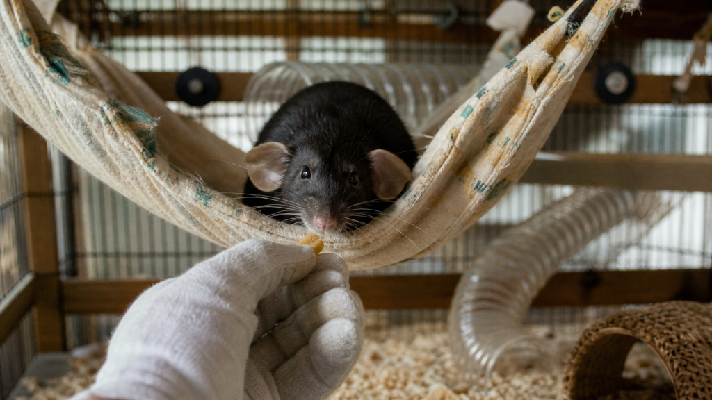 Rat dumbo aux grandes oreilles, main humaine avec friandise