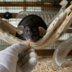 Rat dumbo aux grandes oreilles, main humaine avec friandise