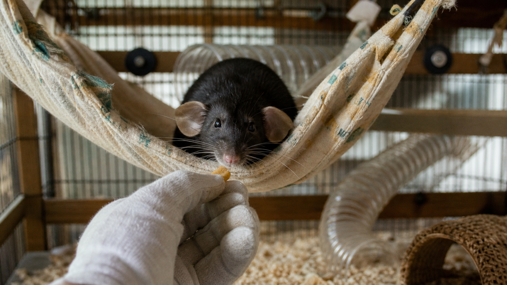 Rat dumbo aux grandes oreilles, main humaine avec friandise