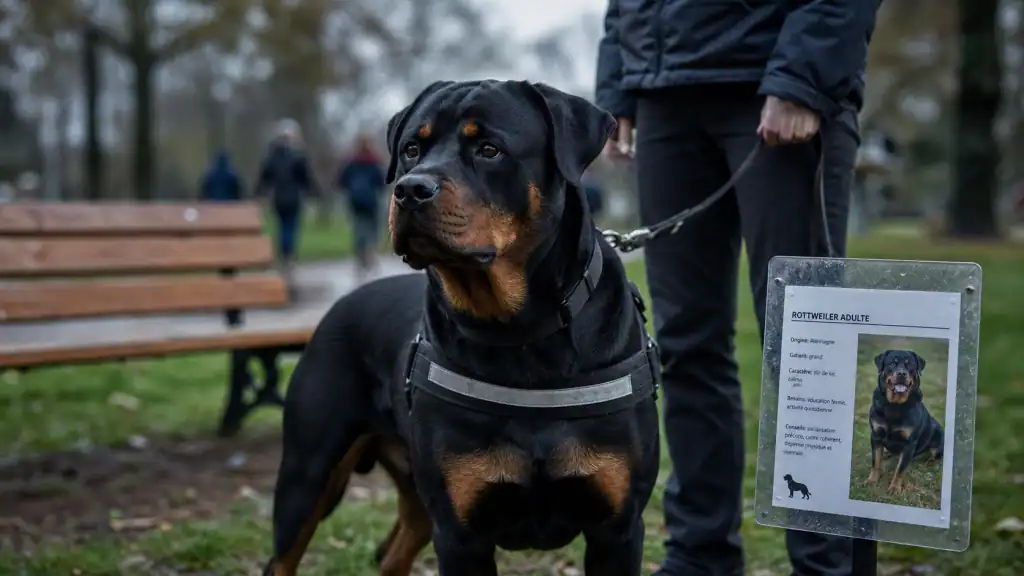 Rottweiler adulte noir et feu au parc en laisse