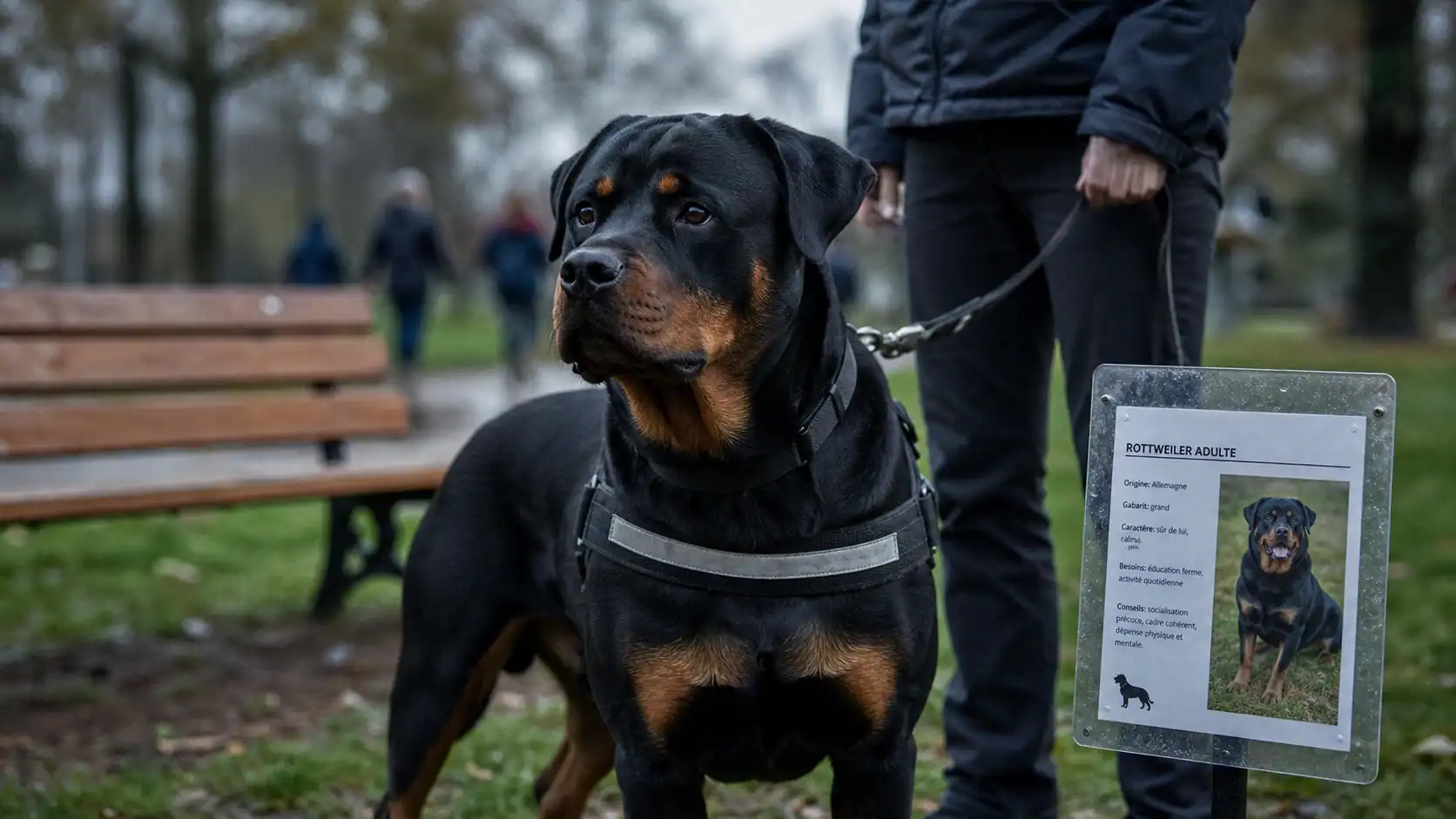 Rottweiler adulte noir et feu au parc en laisse