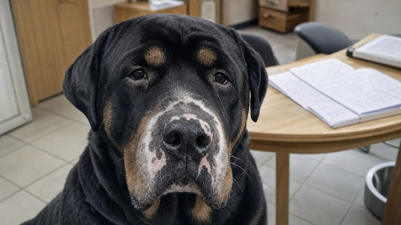 Rottweiler blanc aux taches blanches sur le museau, vitiligo et hypopigmentation