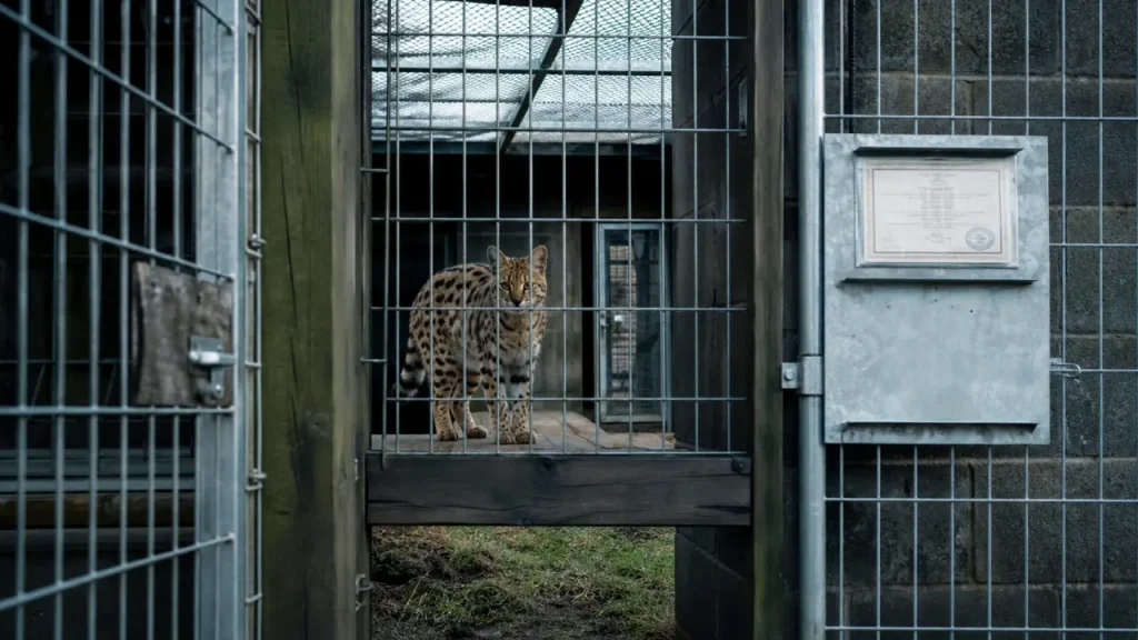 Serval domestique tacheté dans un enclos sécurisé, photo documentaire
