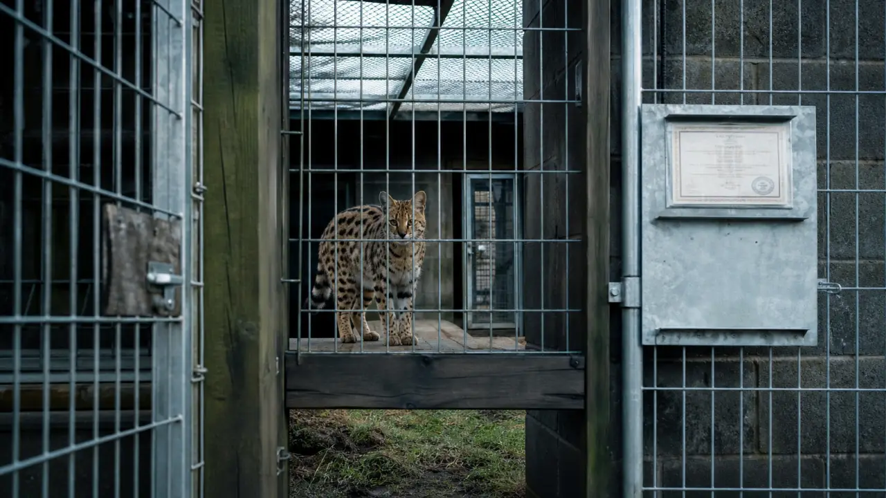 Serval domestique tacheté dans un enclos sécurisé, photo documentaire