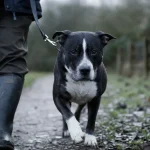 Staff croisé husky sur chemin humide, photo documentaire