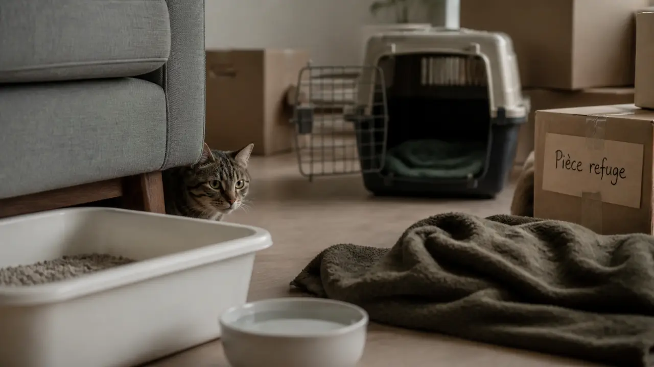 Chat stressé en pièce refuge, adaptation chat nouvelle maison