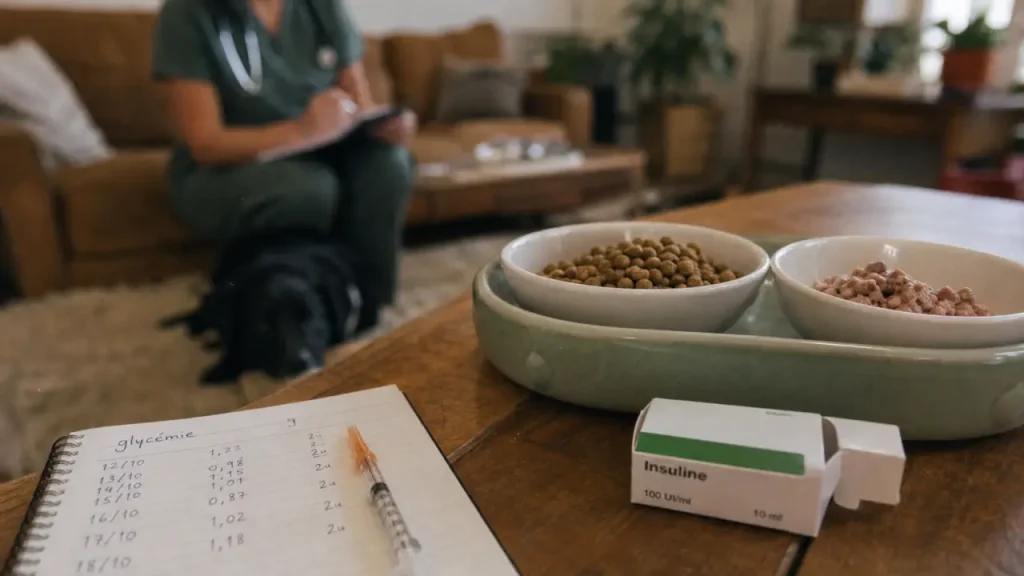 Alimentation chien diabétique : gamelle, fibres et mesures de glycémie