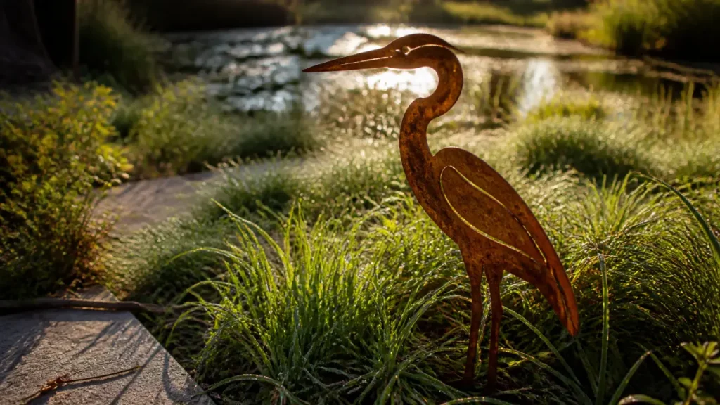 Animaux métal pour jardin : héron en fer patiné corten dans un massif