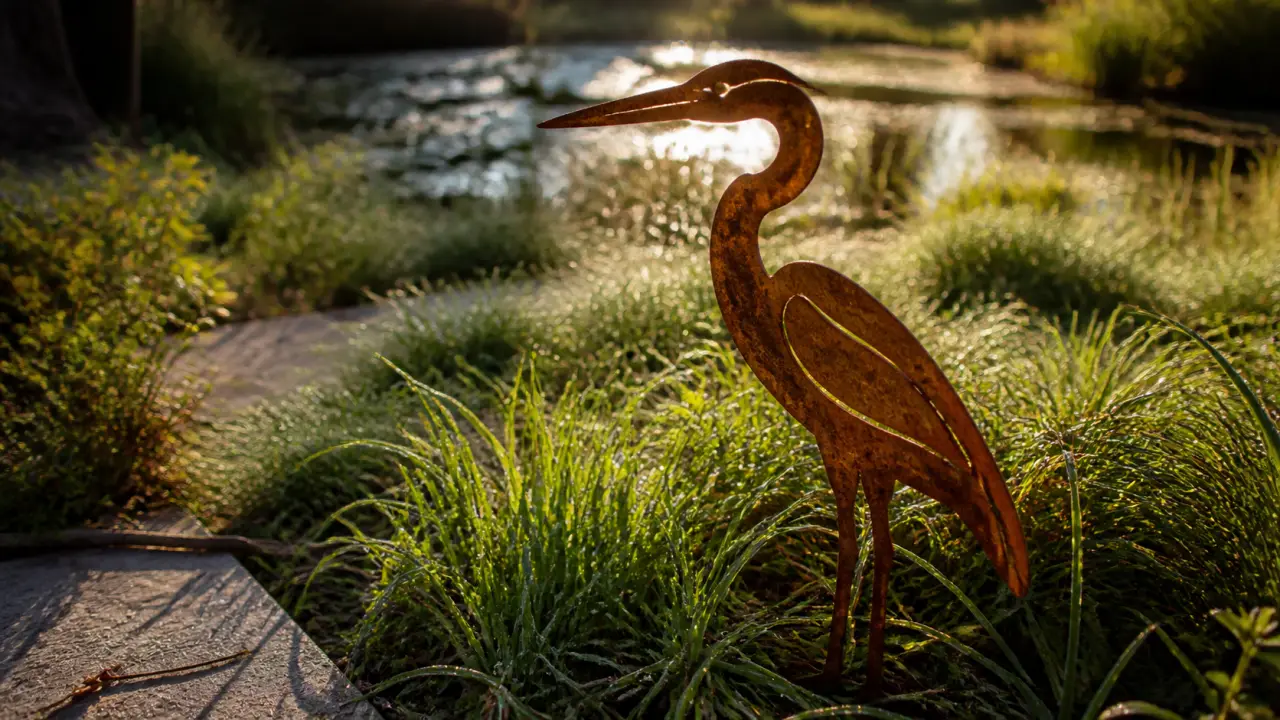 Animaux métal pour jardin : héron en fer patiné corten dans un massif