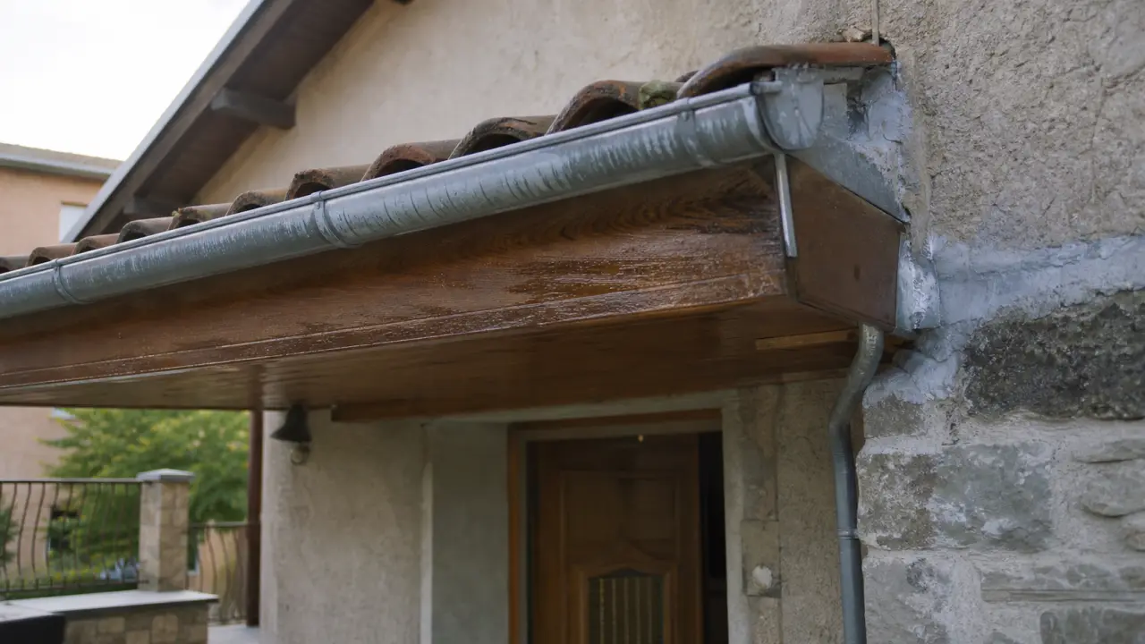 Avancée de toit au-dessus d’une porte, gouttière et raccord d’étanchéité