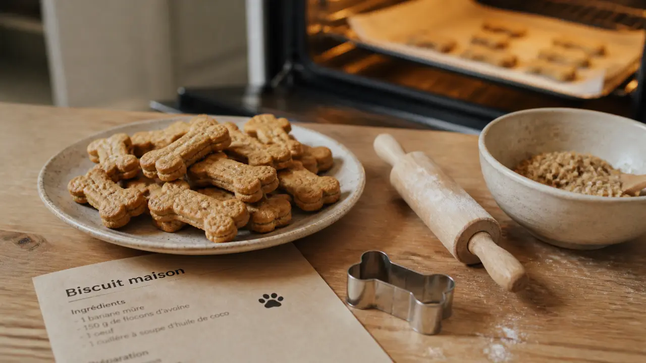 Biscuit pour chien maison faits maison, plaque et pâte banane-avoine