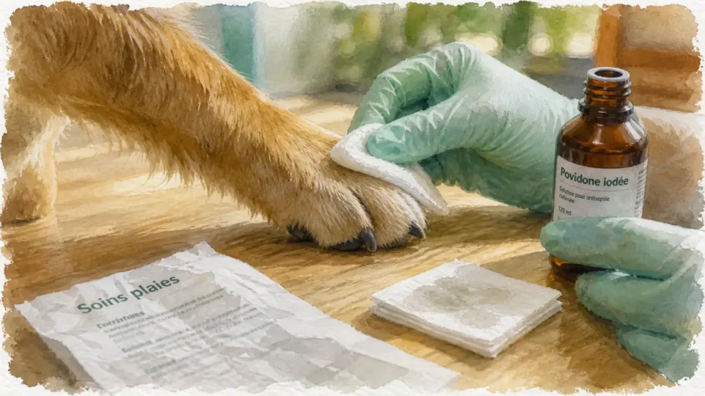 Desinfectant chien pour plaie : nettoyage au sérum puis Bétadine ou chlorhexidine