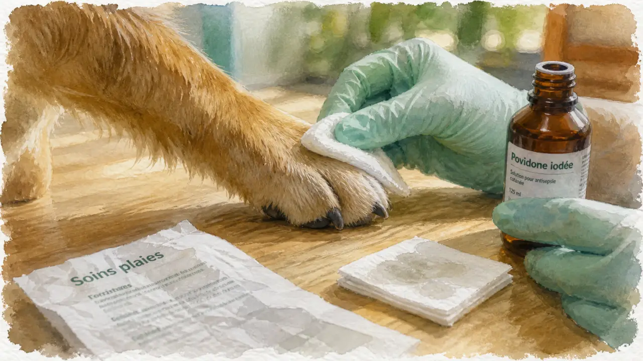 Desinfectant chien pour plaie : nettoyage au sérum puis Bétadine ou chlorhexidine