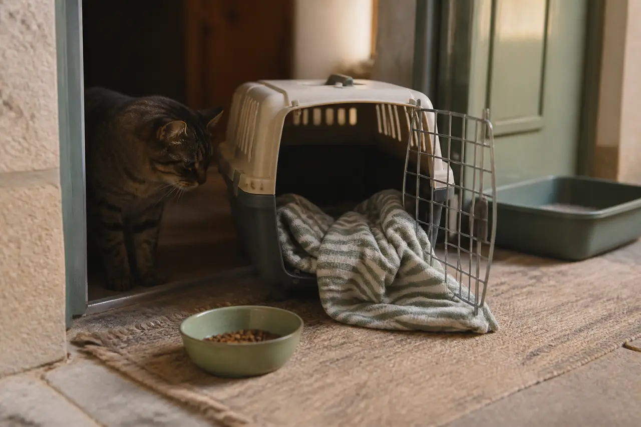 Emmener son chat dans une autre maison : caisse de transport, litière et chat inquiet