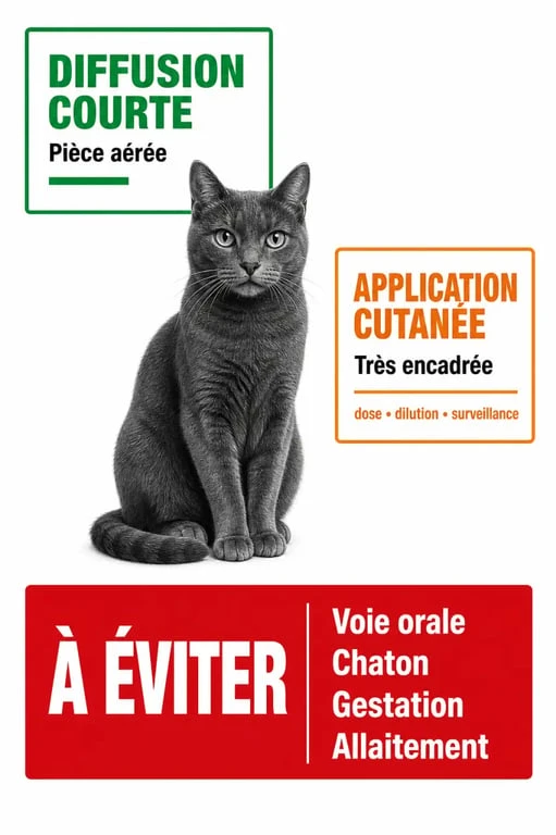 Infographie sur les huiles essentielles chat : situations autorisées, déconseillées et interdites