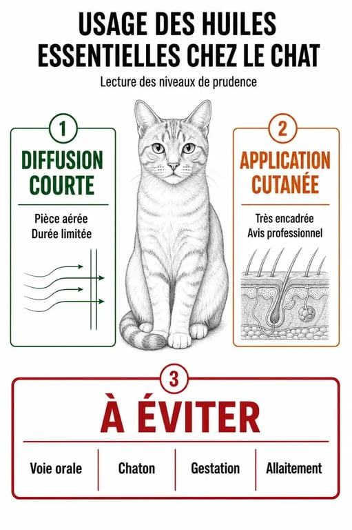 Infographie sur les huiles essentielles chat : situations autorisées, déconseillées et interdites