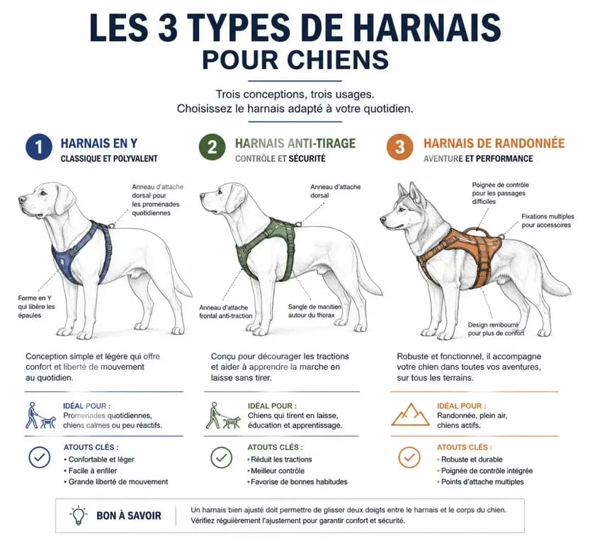 Différents types de harnais pour chien : harnais en Y, anti-traction et de randonnée
