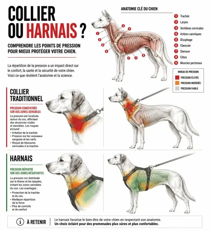 Schéma comparatif de la répartition des forces entre un collier et un harnais pour chien