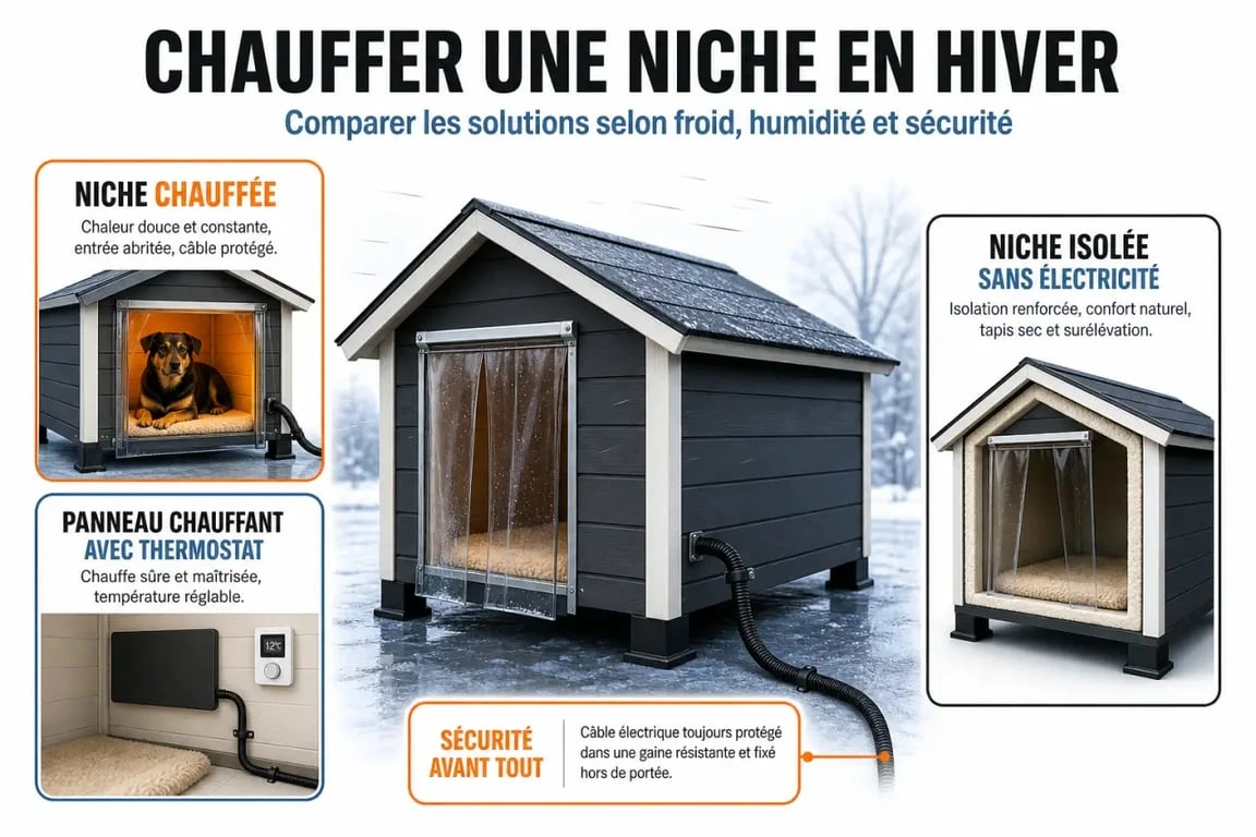 Chauffage pour niche chien : comparaison visuelle entre niche chauffée, panneau chauffant et niche isolée