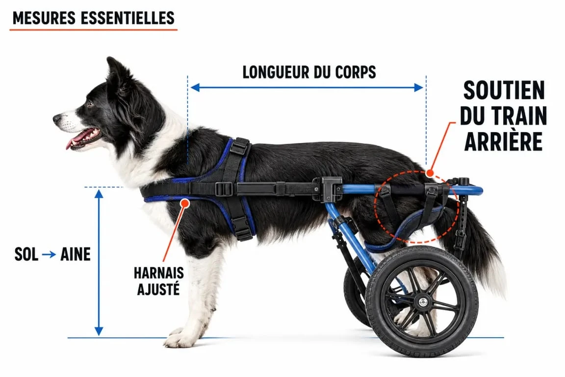 Fauteuil roulant pour chien : mesure du sol à l’aine et ajustement correct du chariot