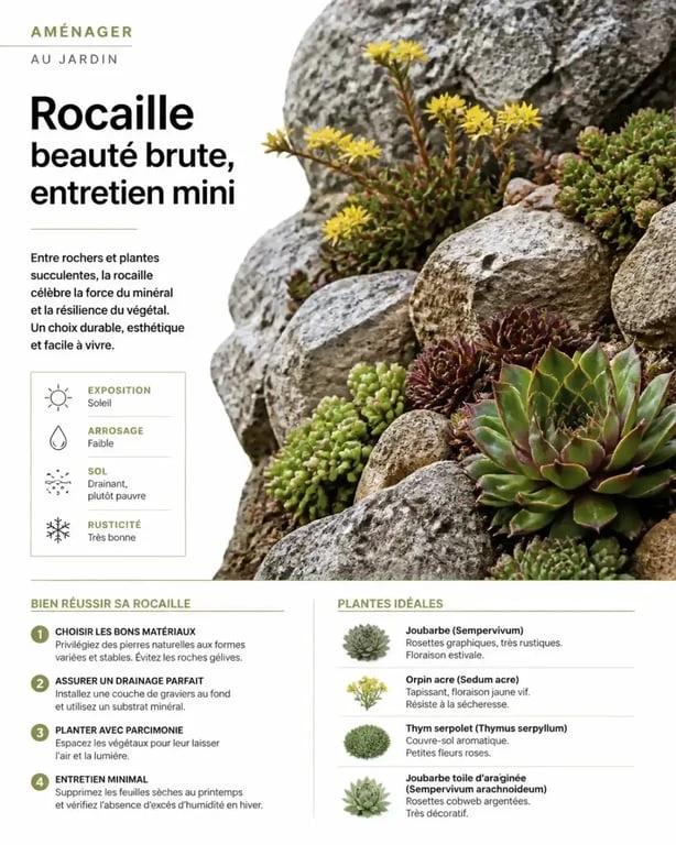 Détail plantes pour rocaille devant maison