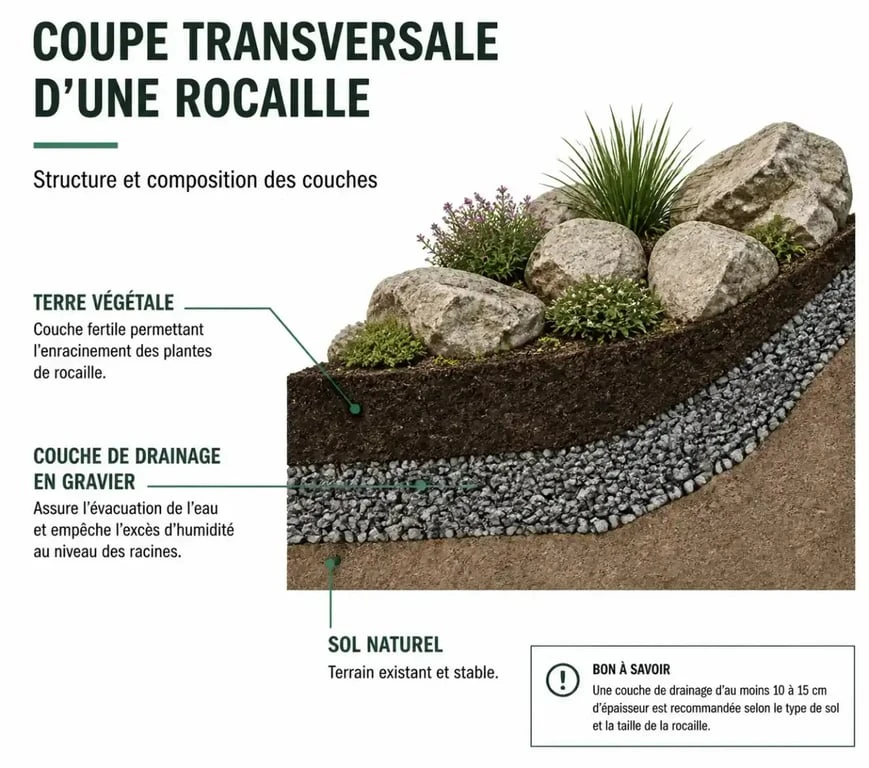Schéma technique drainage rocaille devant maison