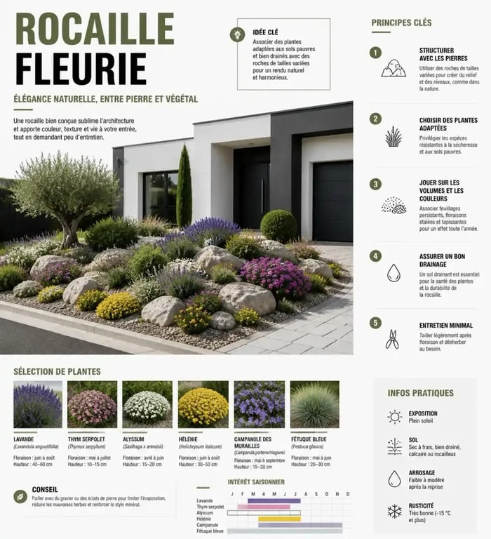 Idée rocaille devant maison avec fleurs et rochers