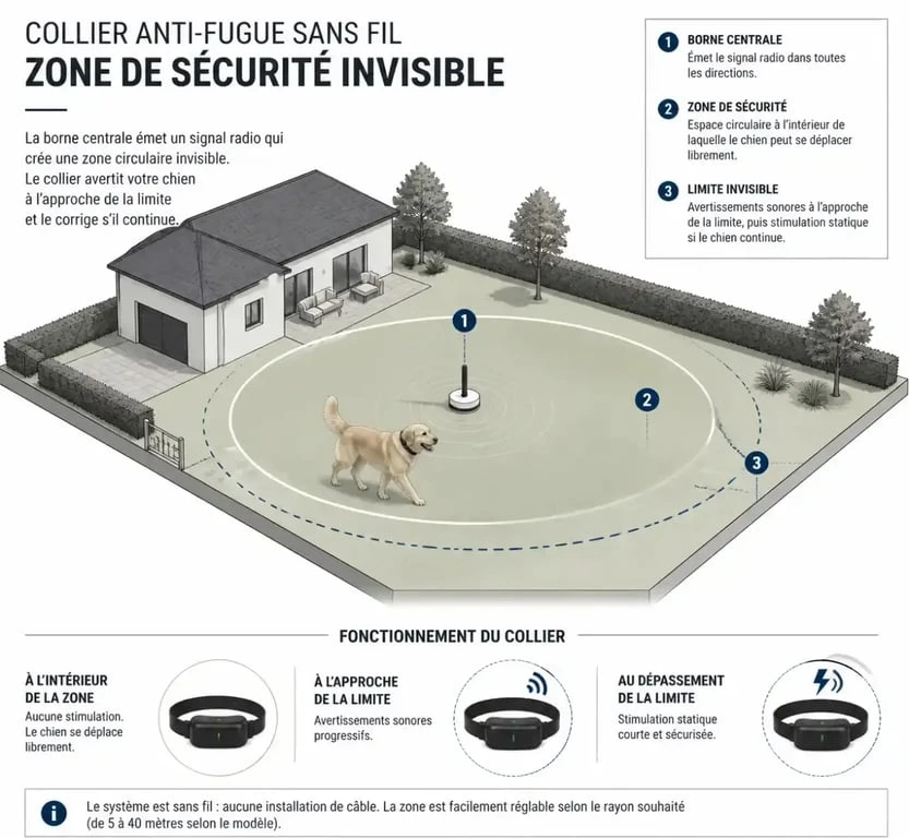 Fonctionnement d'un collier anti-fugue sans fil pour chien dans un jardin