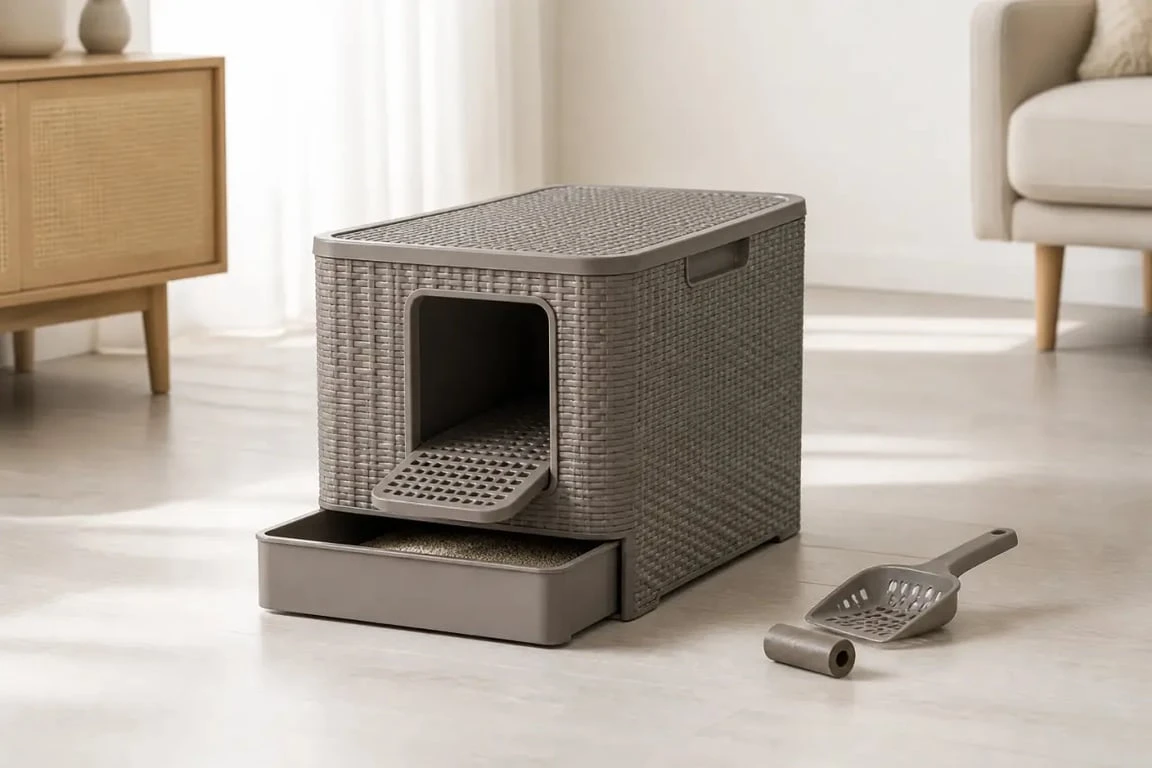 Animalis maison de toilette style rotin pour chat taupe dans un intérieur moderne avec tiroir amovible et accessoires inclus