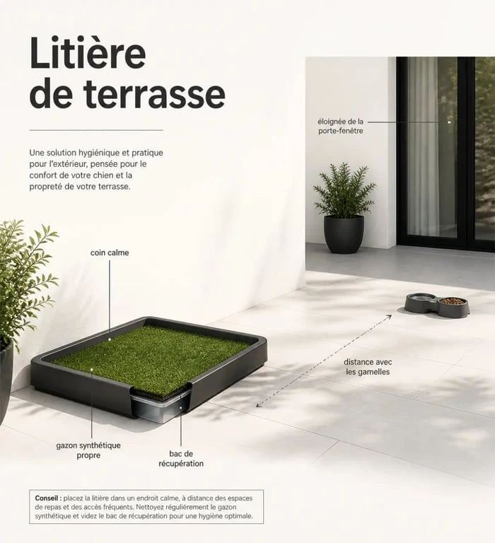 Litière pour chien sur terrasse installée dans un coin calme avec bac récupérateur