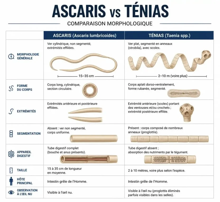 Comparaison visuelle des vers de chat ascaris et ténias