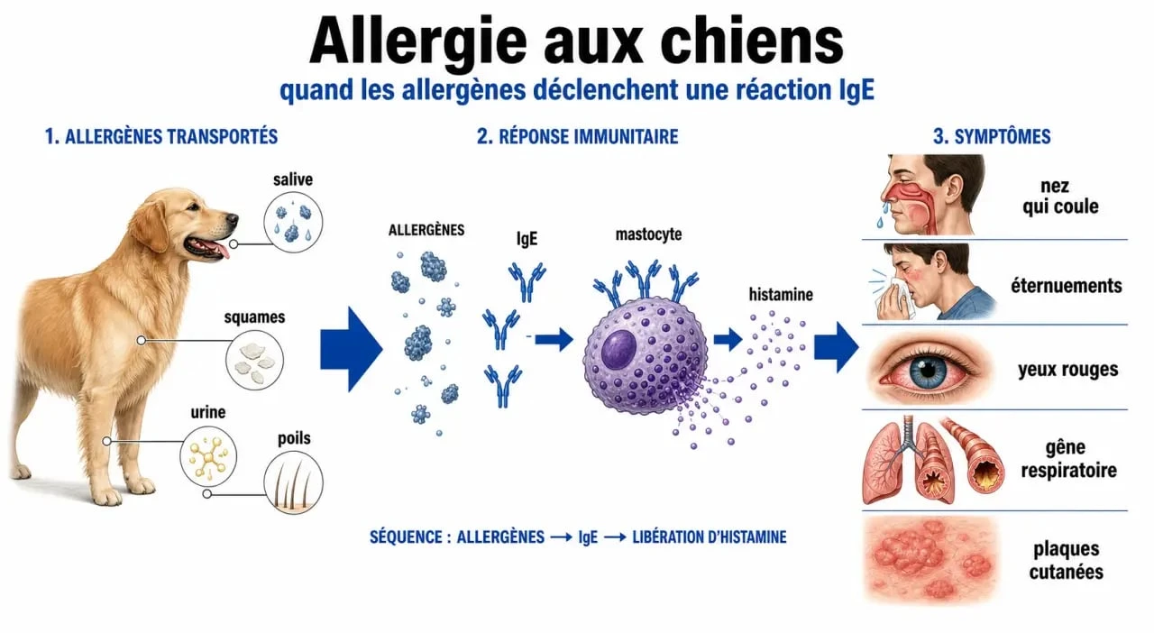 Schéma de l’allergie aux chiens montrant les allergènes, l’histamine et les symptômes