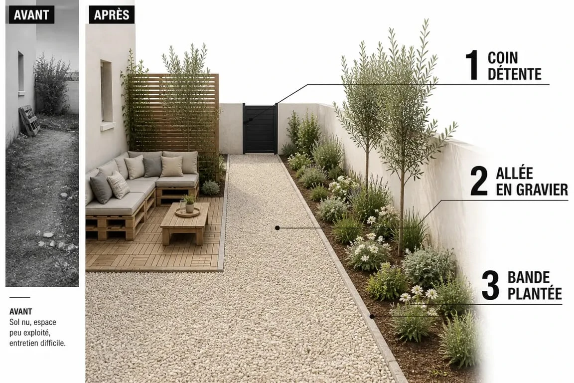 Aménager son jardin pas cher : petit jardin organisé en zones avec coin détente, allée en gravier et massif paillé