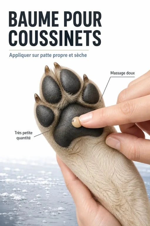 Application du baume coussinet chien fait maison sur une patte de chien après une promenade hivernale