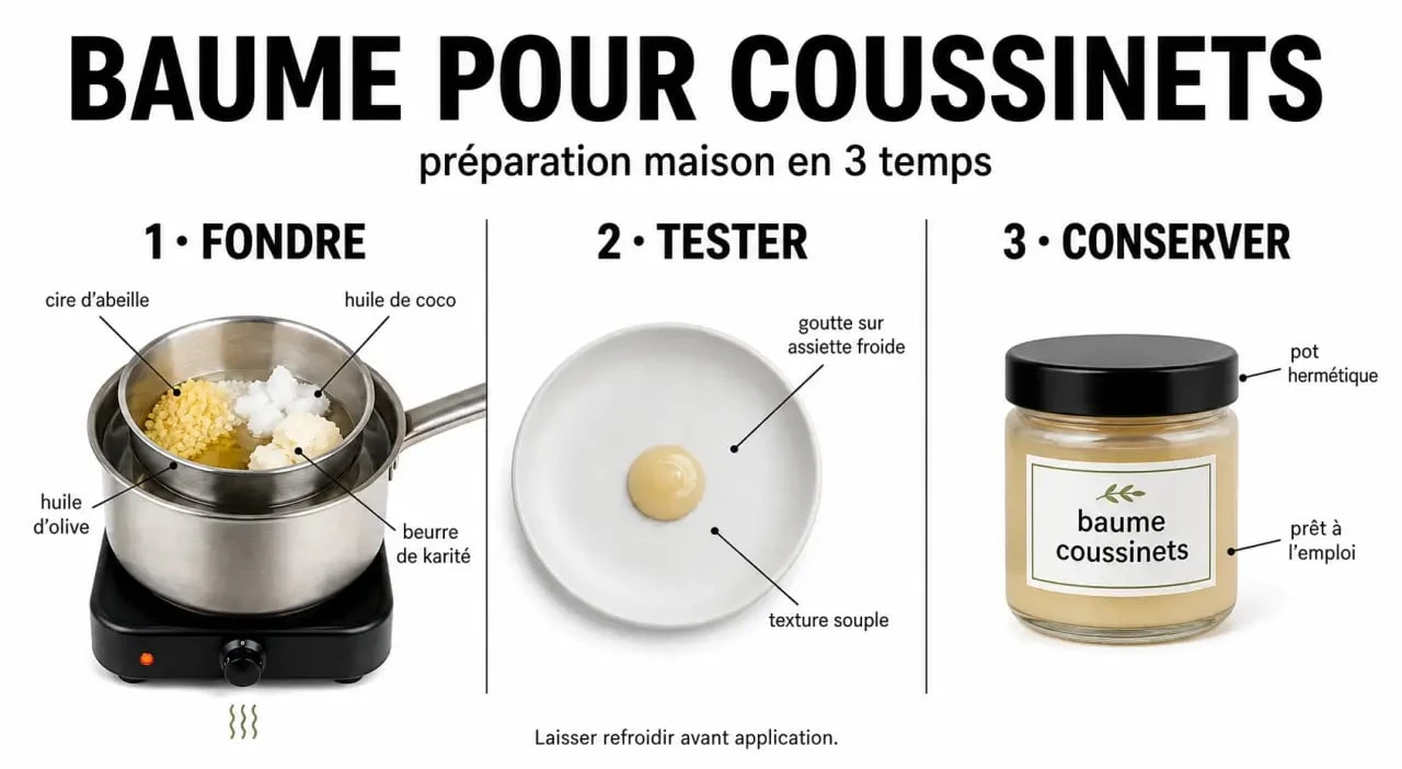 Baume coussillon chien fait maison : préparation au bain-marie, test de texture et mise en pot