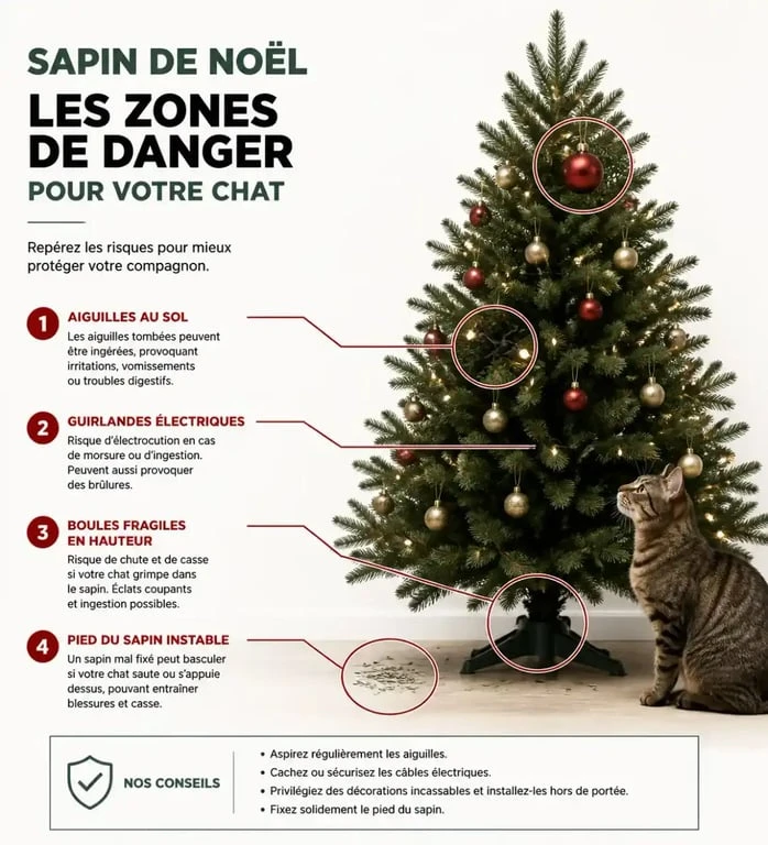 Infographie des zones de danger d'un sapin de Noël pour un chat : conseils de sécurité pour le sapin de noel chat