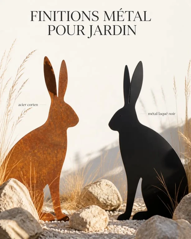 Animaux métal pour jardin en acier rouillé et métal laqué dans un décor paysager