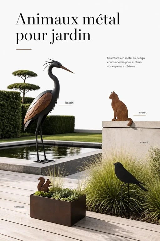 Animaux métal pour jardin placés dans un massif, près d’un bassin et sur une terrasse